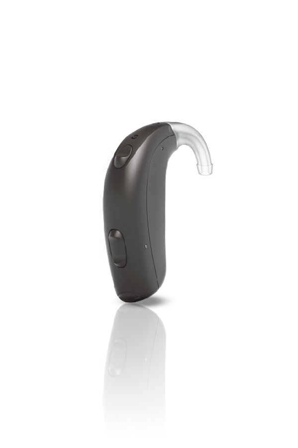 A Behind-The-Ear style hearing aid is a small black unit with a small transparent tube attached to the end. 