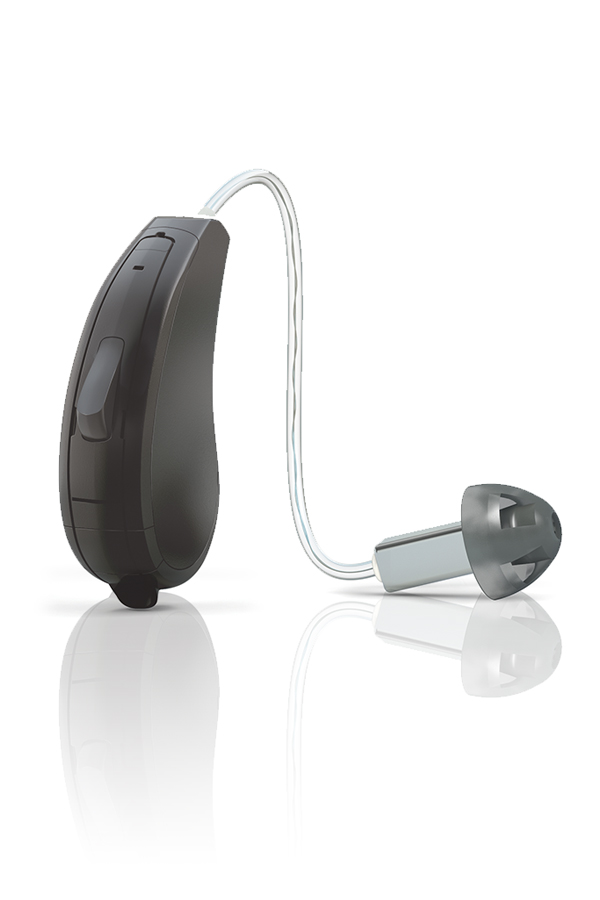 A Receiver-In-Ear style hearing aid is a small black unit with an attached transparent wire and small ear bud.