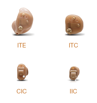 A collage of four in-hear hearing aid styles, which include the In-The-Ear hearing aid, the In-The-Canal hearing aid. the Completely-in-Canal hearing aid, and the Invisible-In-Canal hearing aid.