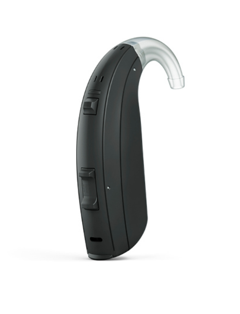 Another Behind-The-Ear style hearing aid with a black receiver and transparent tube attachment.