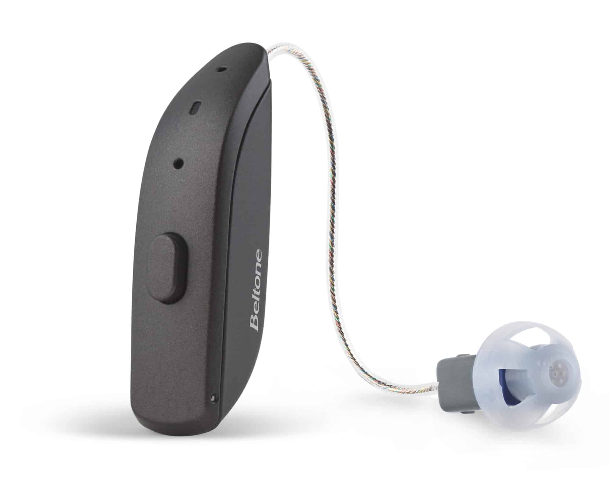 The Beltone Achieve is a behind-the-ear Bluetooth hearing aid model with a black receiver and gray ear bud.