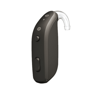 A small black BTE (Behind-The-Ear) hearing air with a small transparent tube attached at the back.