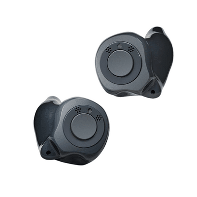 Two small black hearing aid ear buds known as invisible-in-canal hearing airs.