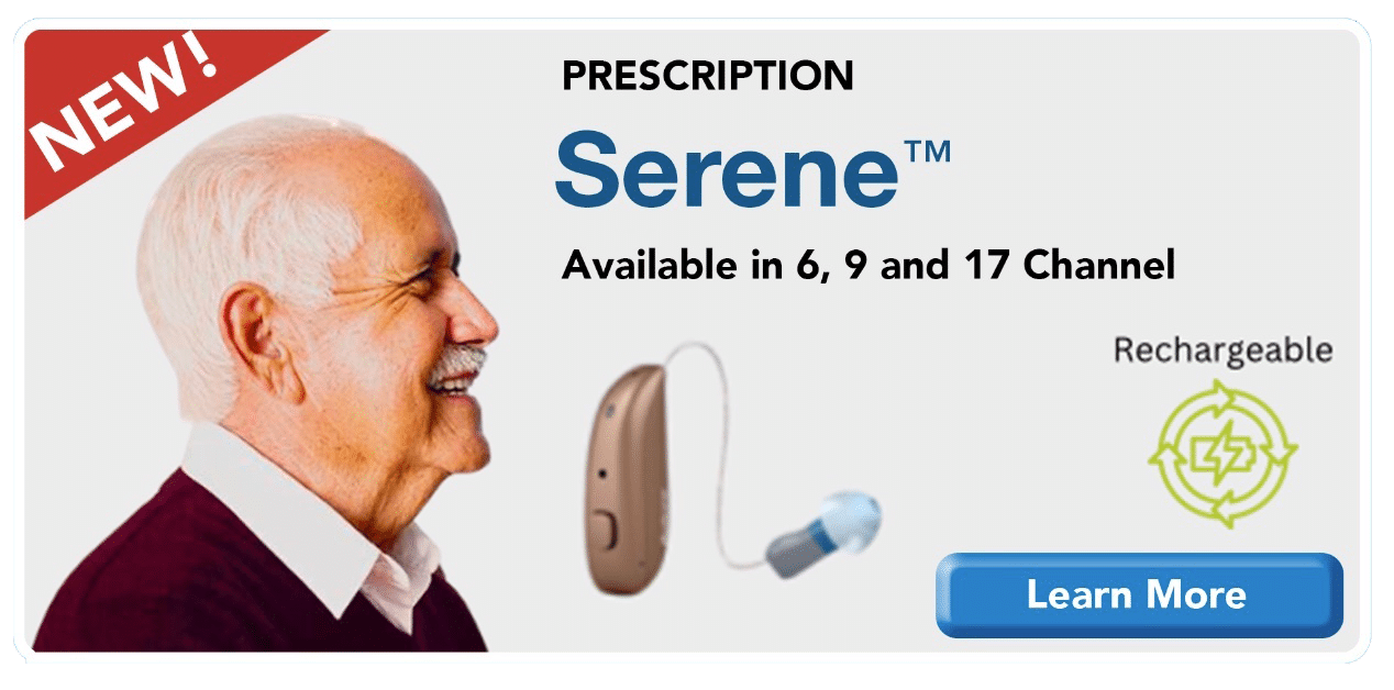 A side profile of an elderly man with white hair, and text advertising the Prescription Serene hearing aid. 