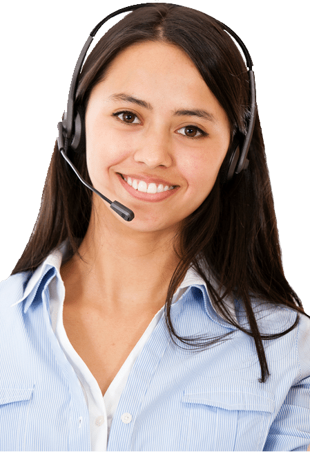 A female customer service representative wearing a black microphone headset.