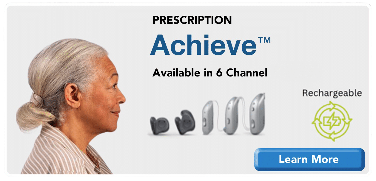 A side profile of an older woman with white hair, and text advertising the Prescription Achieve hearing aid. 