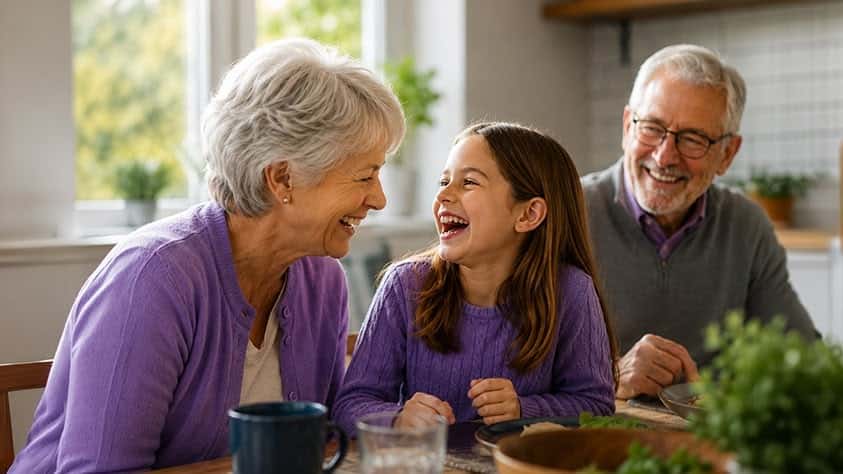a grandchild sharing a story about school to grandparents